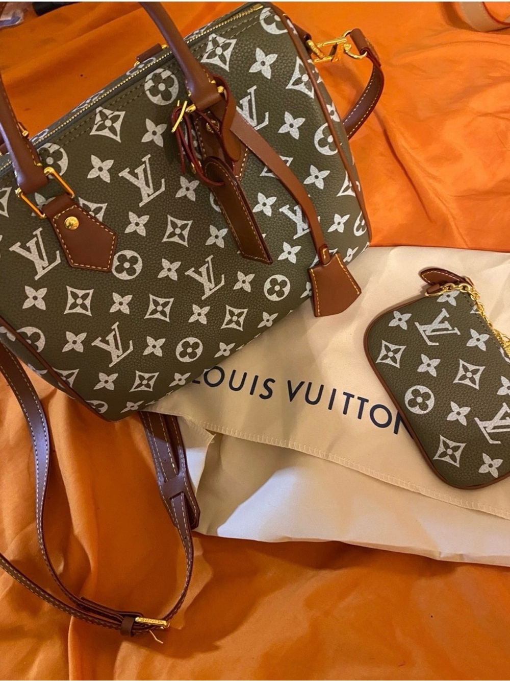 Designer Inspired  Olive & White Monogram Shoulder Bag with Matching Pouch